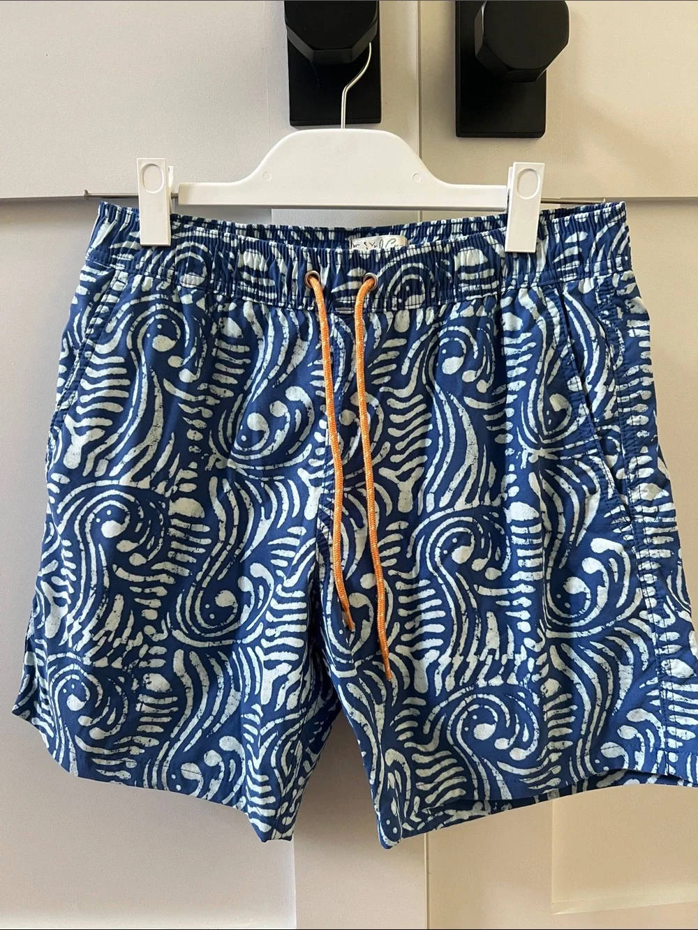 J. Crew Blue Wave-Print Men’s Swim Shorts with Orange Drawstring